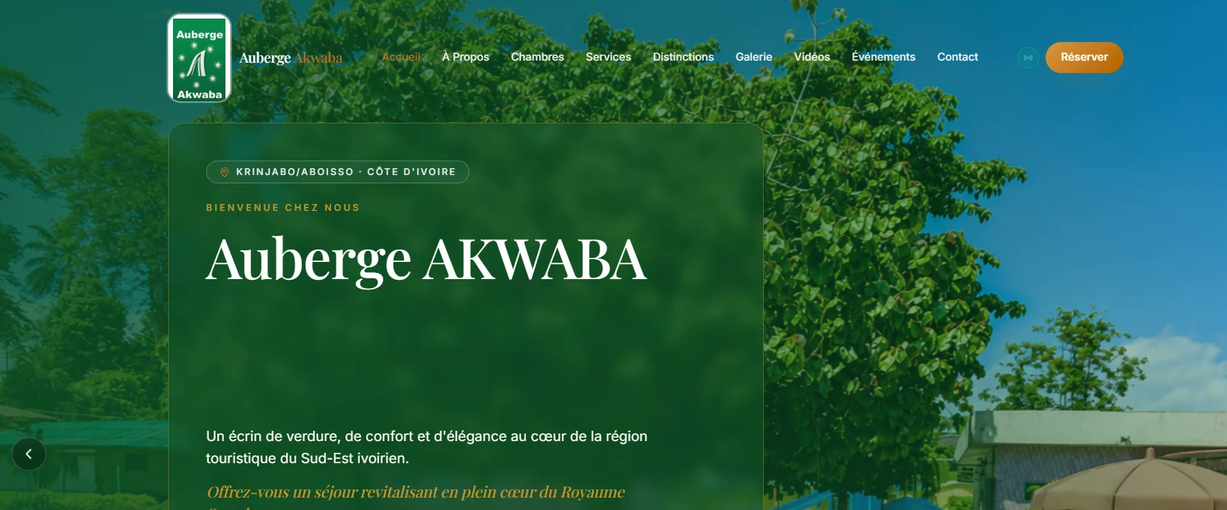 Page d'accueil du site de l'Auberge Akwaba à Krinjabo