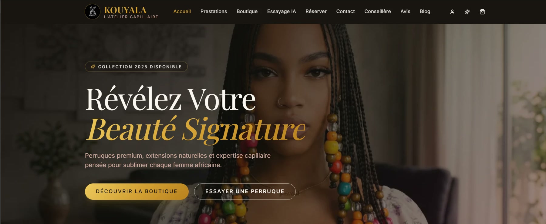 Page d'accueil du site Kouyala, l'atelier capillaire