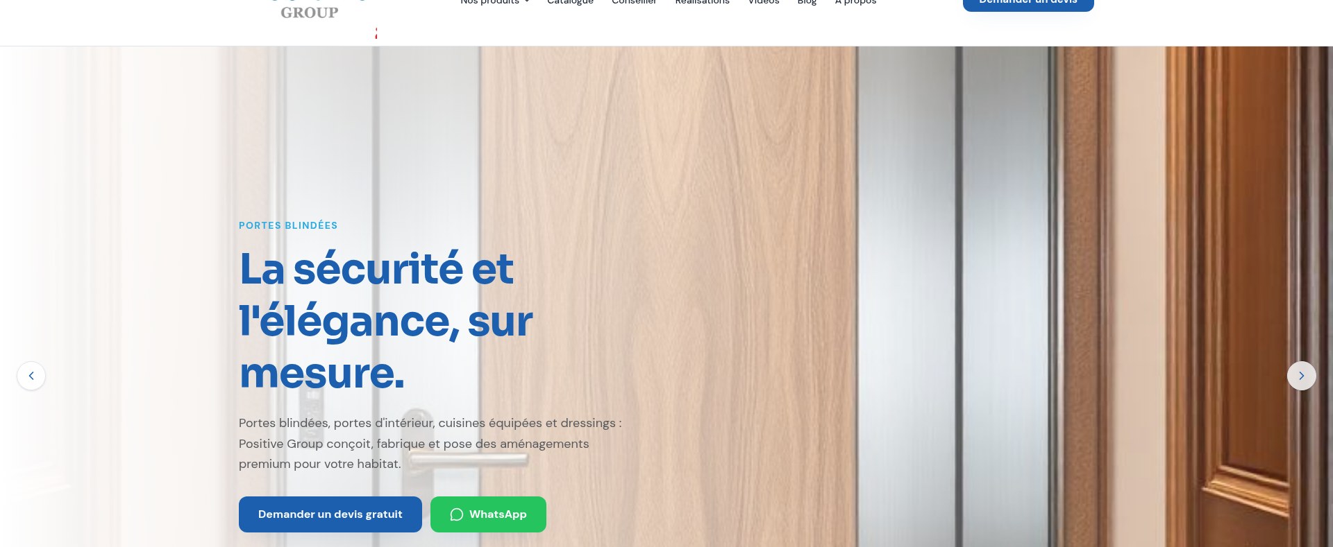Page d'accueil du site Positive Group, portes blindées et aménagements sur mesure
